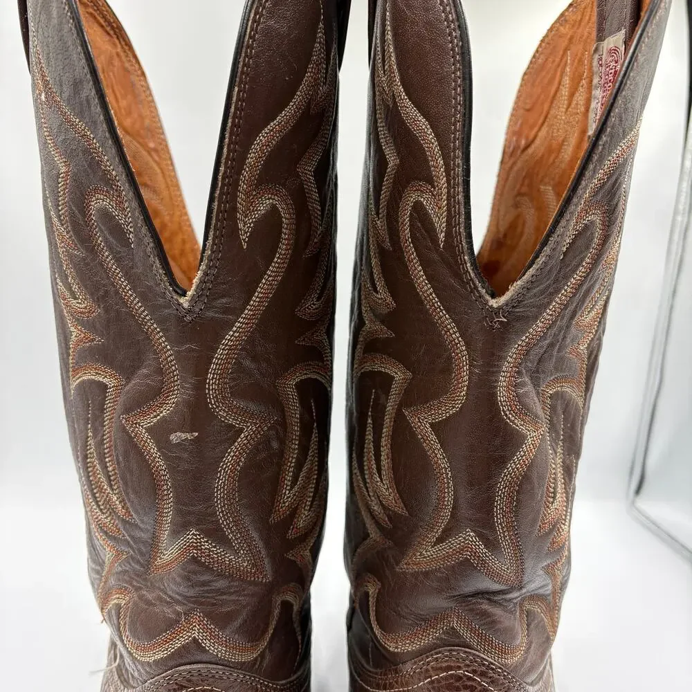 Vintage Nocona Bullhide Leather Cowboy Boots Flame Stitching 10 D